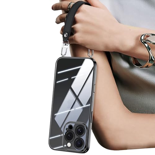 QANXGOG Hülle für iPhone 16/16 Plus/16 Pro/16 Pro Max, Transparent [vergilbt Nicht] mit Lederarmband [Fallschutz in Militärqualität],Black,16 Pro von QANXGOG