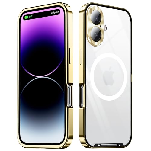 QANXGOG Hülle für iPhone 16/16 Pro/16 Pro Max, [Stoßfänger mit Metallrahmen] [durchscheinend Matt] Kompatibel mit MagSafe, Schutz in Militärqualität, Schmale, Mattierte Rückseite,Gold,16 Pro von QANXGOG