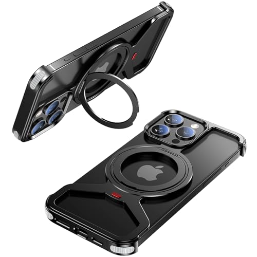 QANXGOG Hülle für iPhone 16/16 Pro/16 Pro Max, Ultradünne Rahmenlose Wärmeableitung Aus Aluminium mit Um 360 Grad Drehbarem Ständer [kompatibel mit MagSafe] Stoßfestes Silikon,Black,16 Pro Max von QANXGOG