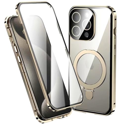 QANXGOG Hülle für iPhone 16 Pro Max/16 Pro, [Magnetische Adsorption + Sperre] Aluminium-Stoßfänger, Displayschutz Aus Gehärtetem Glas, Magnetischer Ringständer,Gold,16 Pro von QANXGOG