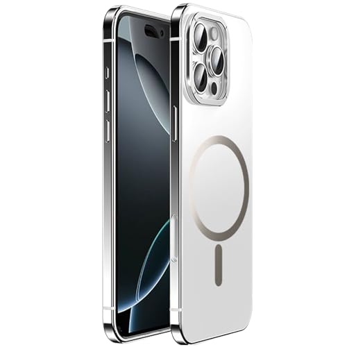 QANXGOG Hülle für iPhone 16 Pro Max/16 Pro, Rahmen Aus Titanstahl, Mattierte Rückseite [kompatibel mit MagSafe] mit Linsenring Aus Legierung, Schutz in Militärqualität,White Titanium,16 Pro von QANXGOG