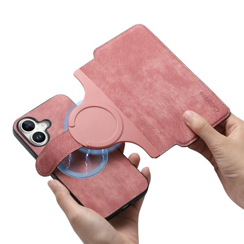 QANXGOG Hülle für iPhone 16 Pro Max/16 Pro/16 Plus/16, Abnehmbare Magnet-Geldbörse [RFID-Blockierung] [3 Kartenfächer] Retro-Leder-Flip-Folio-Hülle mit Kartenhalter,Pink,16 Pro Max von QANXGOG