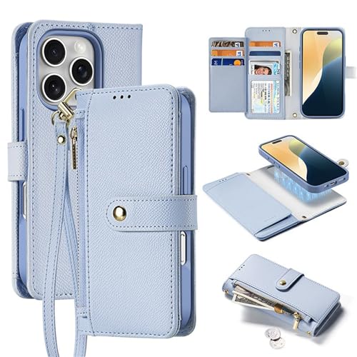 QANXGOG Hülle für iPhone 16 Pro Max/16 Pro/16 Plus/16, Brieftaschen-Hülle Aus PU-Leder mit Kartenhalter (7 Kartenfächer), Crossbody-Gurt, Stoßfeste Schutzhülle Fürs Telefon.,Blue,16 von QANXGOG