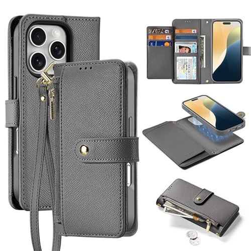 QANXGOG Hülle für iPhone 16 Pro Max/16 Pro/16 Plus/16, Brieftaschen-Hülle Aus PU-Leder mit Kartenhalter (7 Kartenfächer), Crossbody-Gurt, Stoßfeste Schutzhülle Fürs Telefon.,Gray,16 Plus von QANXGOG