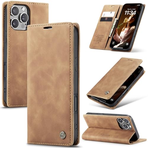 QANXGOG Hülle für iPhone 16 Pro Max/16 Pro/16 Plus/16, Flip Wallet Lederhülle mit Kartenhalter Magnetverschluss Stoßfeste Schutzhüllen mit Ständer,Brown,16 Pro Max von QANXGOG