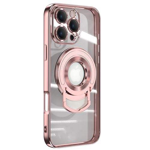 QANXGOG Hülle für iPhone 16 Pro Max/16 Pro/16 Plus/16, Harte, Klare Rückseite mit Einziehbarem Ständer und Linsenschutz Aus Gehärtetem Glas, Kompatibel mit Magsafe,Pink,16 Pro von QANXGOG