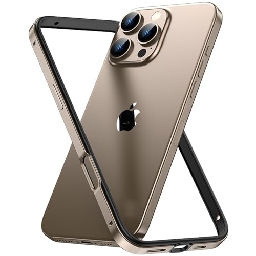 QANXGOG Hülle für iPhone 16 Pro Max/16 Pro/16 Plus/16, Rahmen Aus Aluminiumlegierung mit Weichem TPU-Innenstoßfänger, Minimalistisch, Ohne Rückwand, Keine Signalstörungen,Gold,16 Pro von QANXGOG