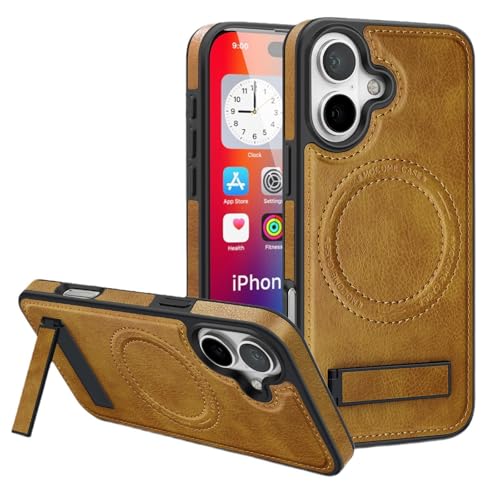 QANXGOG Hülle für iPhone 16 Pro Max/16 Pro/16 Plus/16, Vintage-PU-Lederhülle mit Integriertem Ständer [Kompatibel mit MagSafe] Fallschutz in Militärqualität,Brown,16 Pro Max von QANXGOG