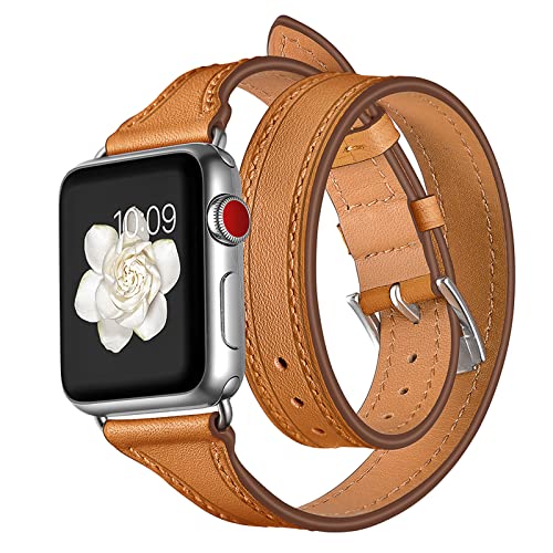 QANXGOG Lederarmband Kompatibel mit Apple Watch Armband 45mm 44mm 42mm 41mm 40mm 38mm, Echtes Leder Damen Double Tour Slim Armband für iWatch Series 7 6 5 4 3 2 1 SE,Brown,42mm/44mm/45mm QANXGOG Lederarmband Kompatibel mit Apple Watch Armband 45mm 44mm 42mm 41mm 40mm 38mm, Echtes Leder Damen Double Tour Slim Armband für iWatch Series 7 6 5 4 3 2 1 SE,Brown,42mm/44mm/45mm von QANXGOG