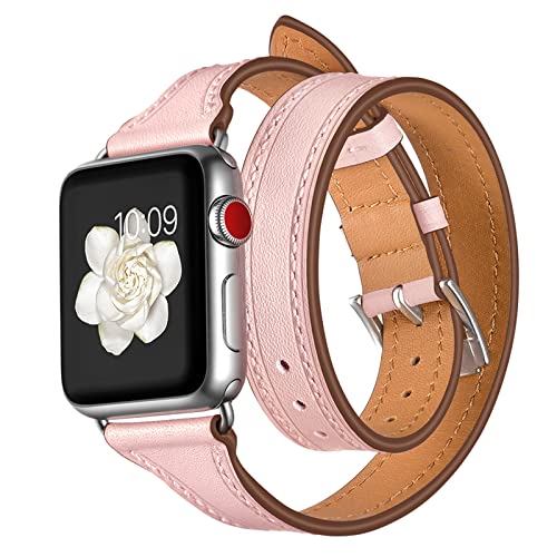 QANXGOG Lederarmband Kompatibel mit Apple Watch Armband 45mm 44mm 42mm 41mm 40mm 38mm, Echtes Leder Damen Double Tour Slim Armband für iWatch Series 7 6 5 4 3 2 1 SE,Pink,38mm/40mm/41mm QANXGOG Lederarmband Kompatibel mit Apple Watch Armband 45mm 44mm 42mm 41mm 40mm 38mm, Echtes Leder Damen Double Tour Slim Armband für iWatch Series 7 6 5 4 3 2 1 SE,Pink,38mm/40mm/41mm von QANXGOG