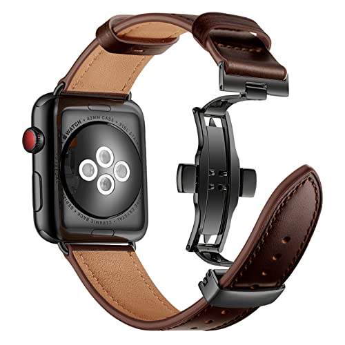 QANXGOG Lederarmband Kompatibel mit Apple Watch Armband 45mm 44mm 42mm 41mm 40mm 38mm, Lederband Ersatzband mit Butterfly Faltschließe für iWatch Series 7 6 5 4 3 2 1 SE,Coffee/Black,42mm/44mm/45mm von QANXGOG