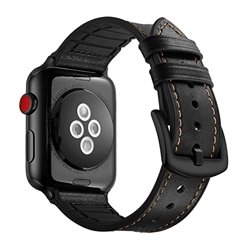 QANXGOG Lederarmband für Apple Watch Armband 49mm 45mm 44mm 42mm 41mm 40mm 38mm, Echte Leder +Silikon Ersatzarmband Kompatibel mit iWatch Ultra SE2 SE Series 8 7 6 5,Black,42mm/44mm/45mm/49mm von QANXGOG