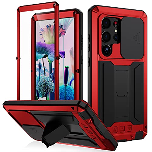 QANXGOG Metallrahmen Hülle für Samsung Galaxy S23/S23 Plus/S23 Ultra, Hybrid Kamera Schiebeabdeckung Schutzhülle mit Ständer und Displayschutz, Militärstandard Stoßfeste Handyhülle,Red,S23 von QANXGOG