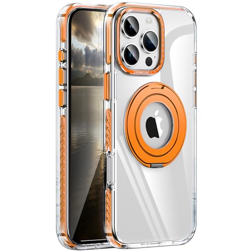 QANXGOG Transparente Hülle für iPhone 16 Pro Max/16 Pro/16 Plus/16, 360° Drehbarer Ring & 180° Klappbarer Ständer [Kompatibel mit MagSafe] Militärischer Fallschutz,Orange,16 Pro von QANXGOG