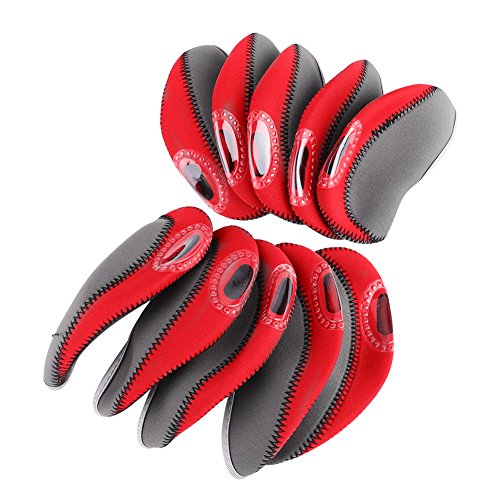 10 Stück Golfschläger-Kopfbezüge, Golf-Eisen-Kopfbezüge-Set, Schlägerschutz-Kopfbezüge-Set(Grau+Rot) von QANYEGN