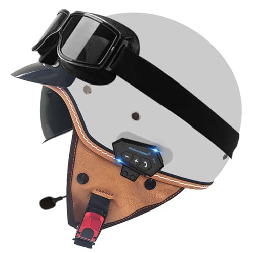 Bluetooth Halbhelme Motorradhelm Retro Jethelm Mit Sonnenblende DOT/ECE-Zertifizierung Halbschale Roller-Helm Scooter-Helm Schutzhelm Für Herren Und Damen 24,L:59-60CM von QAZXCVB