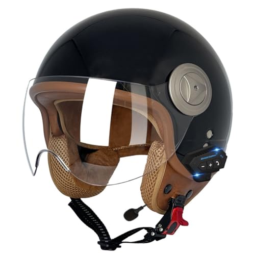 Bluetooth Motorradhelm DOT/ECE-Zertifizierter Jethelm Retro Halbschalenhelm Motorrad Halbhelme Mit Sonnenblende Scooter-Helm Offenem Helm Herausnehmbares Futter 5,XXL:63-64CM von QAZXCVB