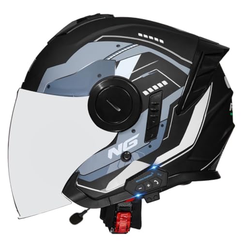 Bluetooth Motorradhelm Jethelm 3/4 Helm DOT/ECE-Zertifizierter Retro Halbschalenhelm Motorrad Halbhelme Mit Sonnenblende Scooter-Helm Offenem Helm Für Damen Und Herren 23,XL:61-62CM von QAZXCVB