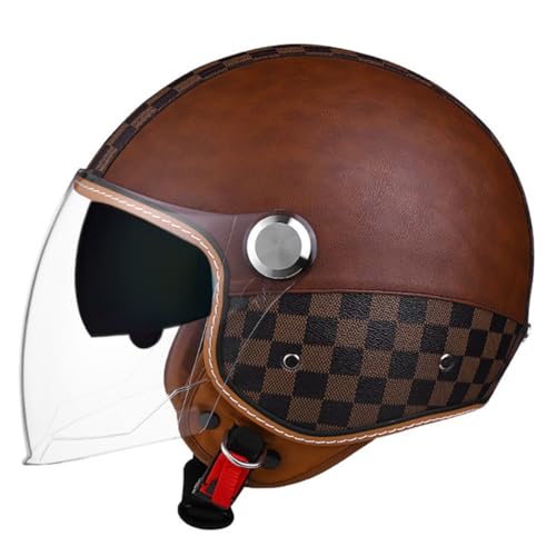 Halbschalenhelm Leder Jethelm Roller-Helm DOT/ECE-Zulassung Vintage Motorradhelm Brain-Cap Motorrad Halbhelme Für Herren Damen Mit Doppelvisier Cruiser Scooter Helm 12,M:57-58CM von QAZXCVB