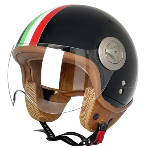 Halbschalenhelm Leder Jethelm Roller-Helm DOT/ECE-Zulassung Vintage Motorradhelm Brain-Cap Motorrad Halbhelme Mit Visier Cruiser Scooter Helm Für Herren Damen 12,L:59-60CM von QAZXCVB