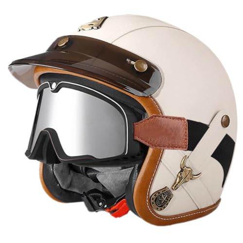 Halbschalenhelm Retro Motorrad Jethelm Mit ECE Zulassung Brain-Cap Halbschale Jet-Helm Roller-Helm Scooter-Helm Mit Brille Offener Motorradhelm Für Cruiser Chopper Biker Moped 3,XXL:63-64CM von QAZXCVB