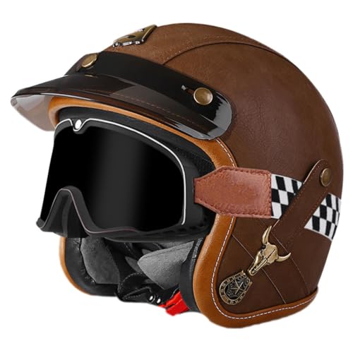 Leder Halbschalenhelm Retro Motorrad Halbhelm Mit Brille Schnellverschluss Schnalle Motorradhelm Jethelme Erwachsene Offener Helm DOT/ECE Zulassung Für Scooter Moped Cruiser 2,S:55-56CM von QAZXCVB