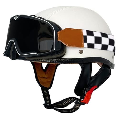 Motorradhelm Retro Jethelm Halbhelme Mit Schutzbrille Leder Halbschalenhelm Roller-Helm Damen Herren DOT/ECE Zulassung Offener Helm Schutzhelm Für Bike Cruiser Moped Scooter 3,L:59-60CM von QAZXCVB