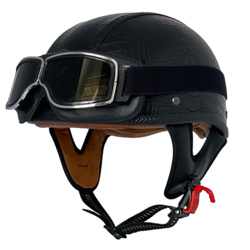 Retro Helm Motorradhelm Leder Jethelme Mopedhelm Mit Brille Rollerhelm Halbhelme Halbschalenhelm Motorrad Cruiser Helm Für Männer Und Frauen DOT/ECE-Zulassung 7,XL:61-62CM von QAZXCVB