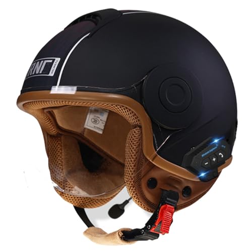 Retro Motorrad Halbhelme Motorradhelm Für Herren Damen DOT/ECE-Zertifizierung Bluetooth Jethelm Halbschalenhelm Mit Visier Für Bike Cruiser Chopper Moped Scooter Offenem Helm 13,L:56-62CM von QAZXCVB