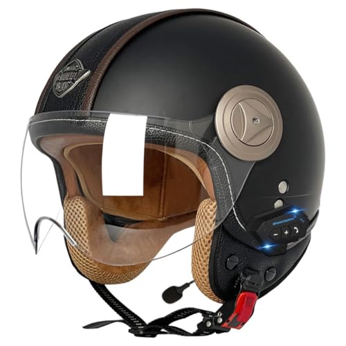 Retro Motorradhelm Halbhelme Bluetooth DOT/ECE Zulassung Deutscher Stil Jethelm Halbschalenhelm Totenkopf Kappe Helm Mit Visier Roller Cool Helm Für Männer Frauen 8,L:59-60CM von QAZXCVB