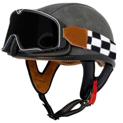 Vintage Halbhelme Motorradhelm PU Leder Jethelme DOT/ECE Zertifizierung Offener Helm Schutzhelm Roller-Helm Scooter-Helm Mit Brille Halbschalenhelm Damen Herren 10,XXL:63-64CM von QAZXCVB