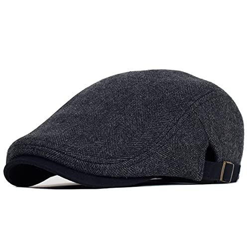 QBQZXAOSOWH Barett Cap Flache Kappe Große Größe Schiebermütze Herren Dicke Warme Vintage Herringbone Lässige Streifen Baskenmützen Flache Mütze Schirmmütze Einstellbar Einstellbar 59-63Cm Schwarz von QBQZXAOSOWH