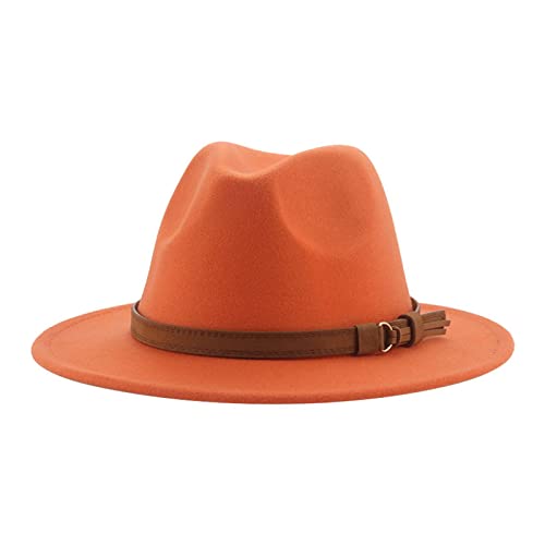 QBQZXAOSOWH Fedora Trilby Fedora-Hüte Für Damen Herren Breite Krempe Solide Damenhüte Bandgürtel Klassische Formelle Kleidung Khaki Schwarze Hüte 52-54 cm (Kinder) Orange von QBQZXAOSOWH