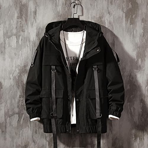 QBQZXAOSOWH Jacken Regenjacken Mäntel Men Streetwear Hip Hop Bomber Jacket Man Ribbons Pockets Windbreaker Fashions Clothing XXXL Black von QBQZXAOSOWH