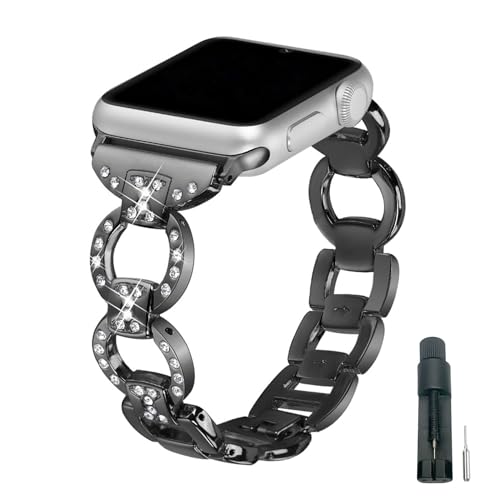 Glitzer Ersatzband Kompatibel mit Apple Watch 8 Armband 45mm Schwarz, Bling Strass Edelstahl Uhrenarmbänder Ersatzband Damen Kompatibel mit iWatch 42mm 44mm 45mm 49mm Serie Ultra SE 9 8 7 6 5 4 3 2 1 von QBYVQQN