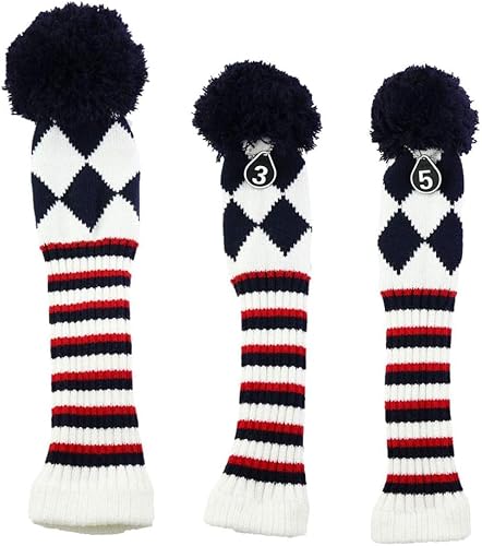 Golf-Eisenkopfabdeckungen 3 stücke Stricken Holz Golf Abdeckungen Pom-pom Fahrer 460cc/Fairway Hölzer UT Schützen Headcover Dekoration Zubehör(Black White) von QCKNKMGG