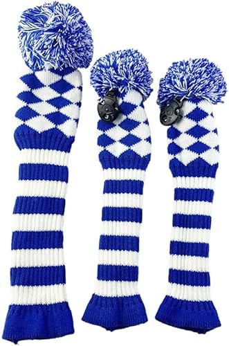 Golf-Eisenkopfabdeckungen 3 stücke Stricken Holz Golf Abdeckungen Pom-pom Fahrer 460cc/Fairway Hölzer UT Schützen Headcover Dekoration Zubehör(Dark Blue White) von QCKNKMGG