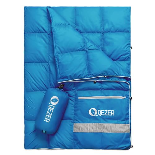 QEZER Daunen Campingdecke, ultraleichte Reisedecke für Outdoor und Indoor Camping, Wandern, Autoreisen, Flugreisen, Garten,Hängematte,kann als Kissen verwendet Werden (Blau) von QEZER