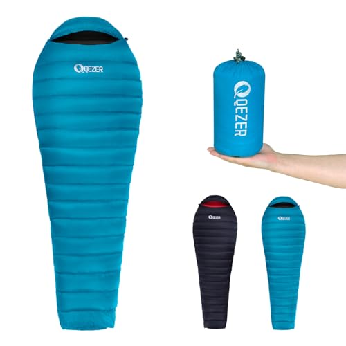 QEZER Daunenschlafsack, nur 920g Leichter Schlafsack Kleines Packmaß mit 600FP Daune für 3 Jahreszeiten Camping,Trekking und Wandern Outdoor (Blau) von QEZER