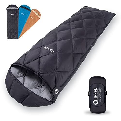 QEZER Sommer Schlafsack, Ultraleicht Schlafsack Kleines Packmaß mit 600FP Daunen für Erwachsener und Kinder Camping, Trekking und Wandern Outdoor (Schwarz) von QEZER