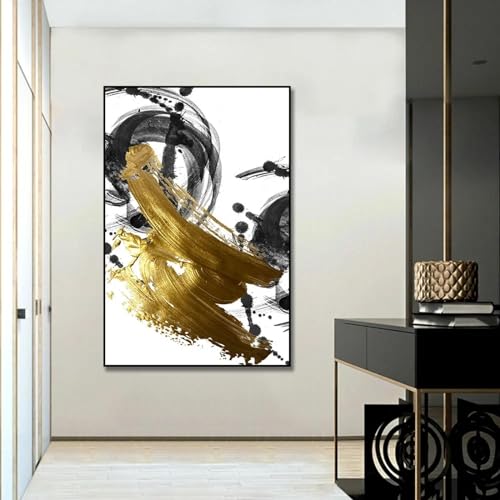 QGKKGQ Modernes abstraktes Gold-Schwarz-Spray, dekorative Leinwandposter, Veranda-Gang-Hängegemälde, Druck auf Leinwand, Wandkunst, Dekor, 90 x 153 cm/35 x 60 Zoll, mit schwarzem Rahmen, fertig zum von QGKKGQ