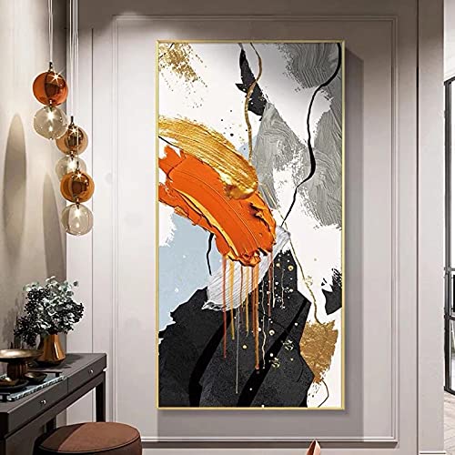 QGKKGQ Übergroße Wandkunst, abstrakte Gemälde, goldene Orange, Poster und Drucke, modernes Dekor, Leinwandbilder, Wandkunst für Wohnzimmer, 95 x 190 cm/37 x 75 Zoll, mit goldenem Rahmen, fertig zum von QGKKGQ