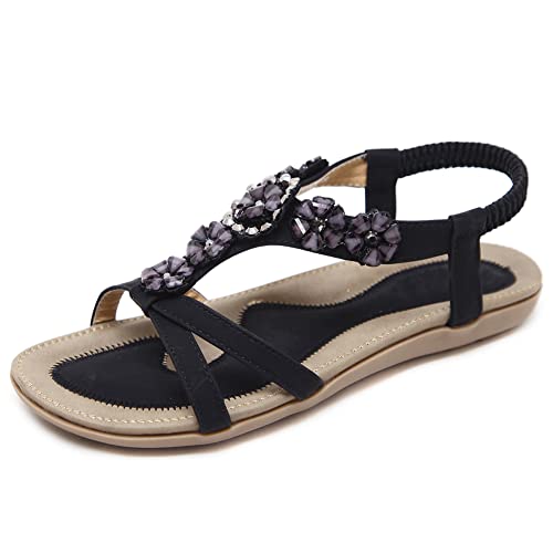 2022 Damen Flache Böhmische Sandalen Sommer Freizeit Flip Flops PU Zehentrenner Strandurlaub Schuhe,Schwarz,42 von QGNDS