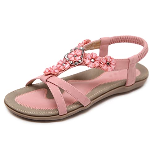 2022 Damen Flache Sandalen mit Fischgrätenmuster Sommer Wohnungen Flache Zehentrenner Riemchenpantoffeln,Rosa,39 von QGNDS