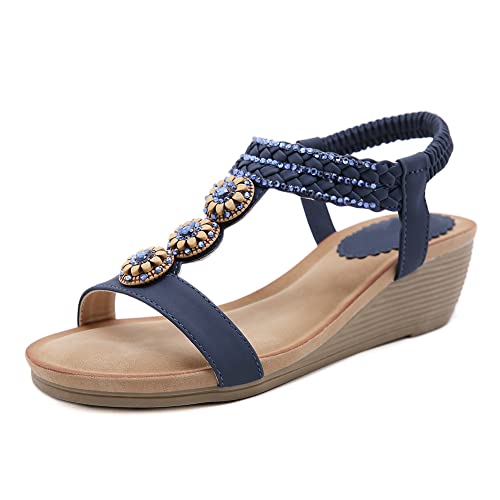 Damen Flache Sandalen Sommer Hausschuhe Bequeme Eleganz Retro Schuhe Für Strandurlaub Flip Flops,Blau,40 von QGNDS