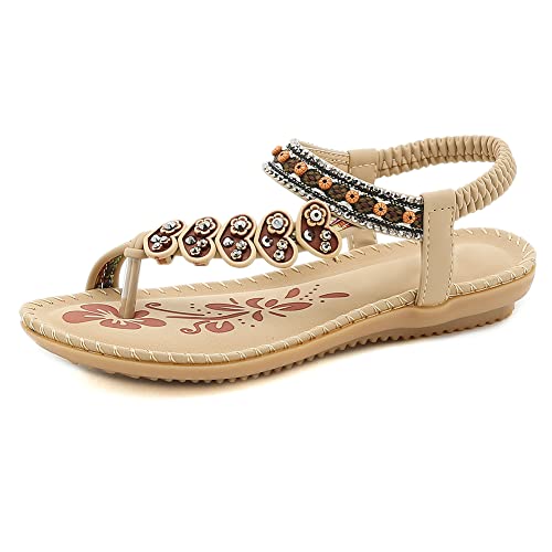 Damen Open Toe Flat Slippers Sommer Bohemian Bequeme Sandalen Schuhe für den Strandurlaub,Beige,37 von QGNDS