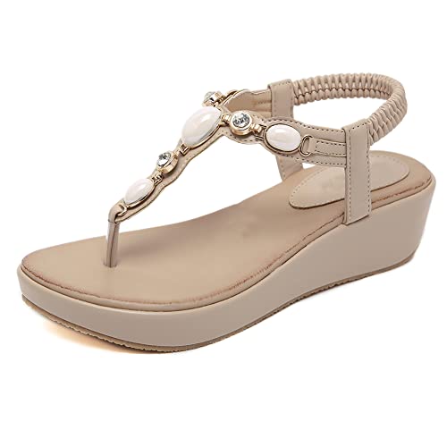 Flache Sandalen Für Damen, Weiche Sohlen Sommer Elastisches Band Slingback Hausschuhe,Elegante Schöne Strandschuhe,Beige,36 von QGNDS