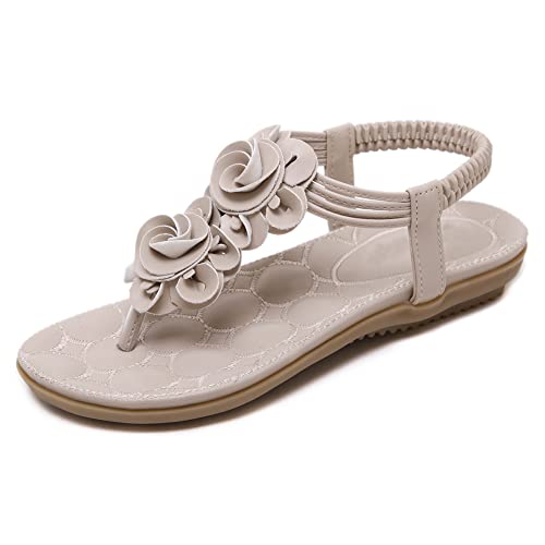 Flache Sandalen für Damen, böhmische Sommerschuhe, Flacher Absatz, Flip-Flops, 2022, lässig, bequem, offener Zehenbereich,Beige,35 von QGNDS