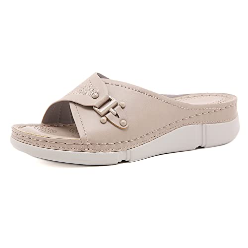 Flache Sandalen für Damen, weiche Sohlen Sommer elastisches Band Slingback Hausschuhe,Elegante schöne Strandschuhe,Beige,40 von QGNDS