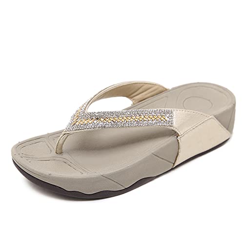 Flache Sommersandalen Für Damen, Spitze Strandschuhe, rutschfeste Freizeit, Bequeme Flip-Flops,Gold,39 von QGNDS